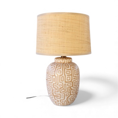 Cream and White Lamp With Rattan Shade