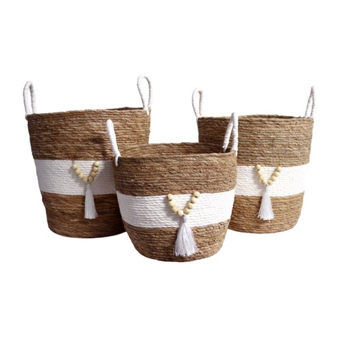 Woven Basket With Beads Set Of 3