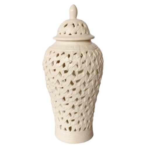 Tall White Flower Leaf Cut Out Ginger Jar
