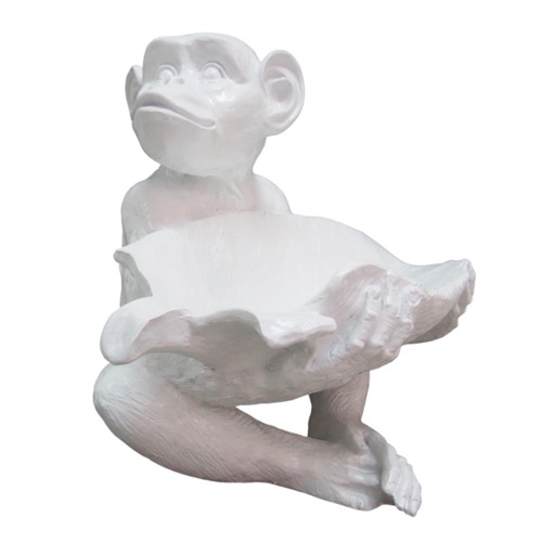 White Resin Monkey With Leaf On Lap