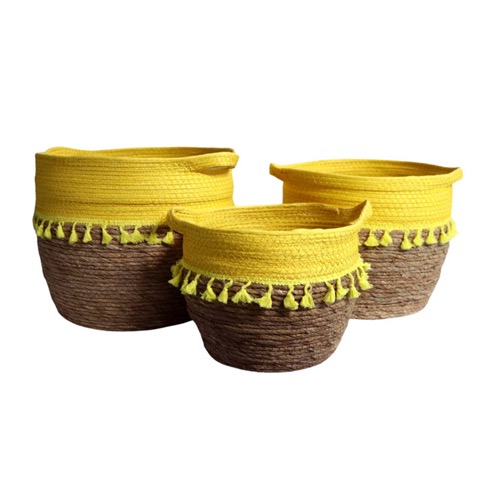 Set of 3 Yellow Top Woven Baskets