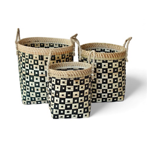 Set of 3 Black & Natural Checked Bamboo Baskets